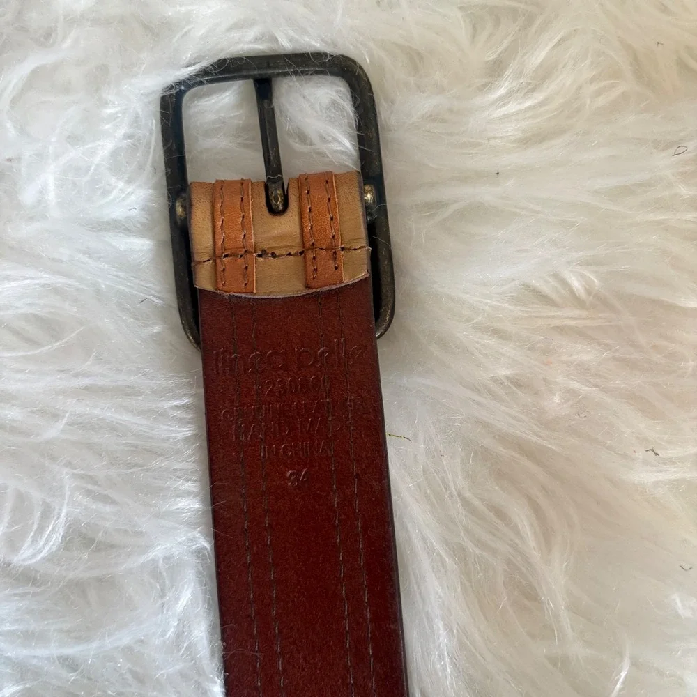 Linea‎ Pelle 230800 Tan Brown Striped Leather Belt Size 34 Antique Brass Buckle